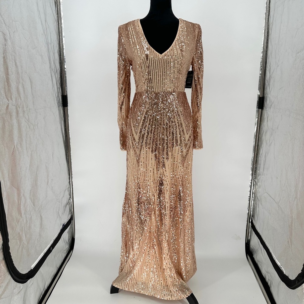 NEW Boston Proper Rose‎ Gold Sequin Mesh Long Sleeve Glam Maxi Dress Women's 6